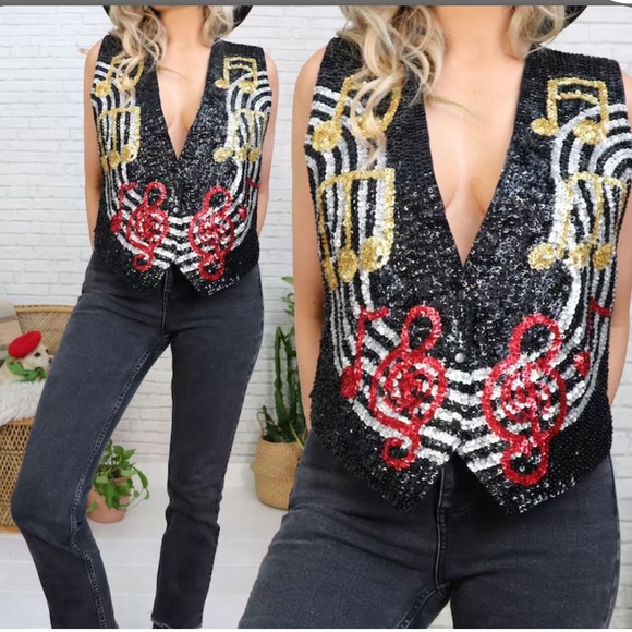 Jackets & Blazers - Vintage Sequin Music Note Vest Size XL 3 Snap 80’s Excellent Condition